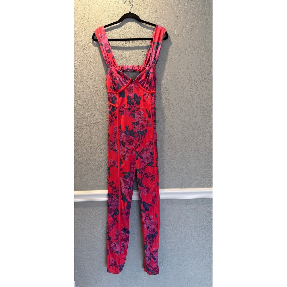 Free People Floral Corset Jumpsuit Red Pink Rose Print Open Back Size M